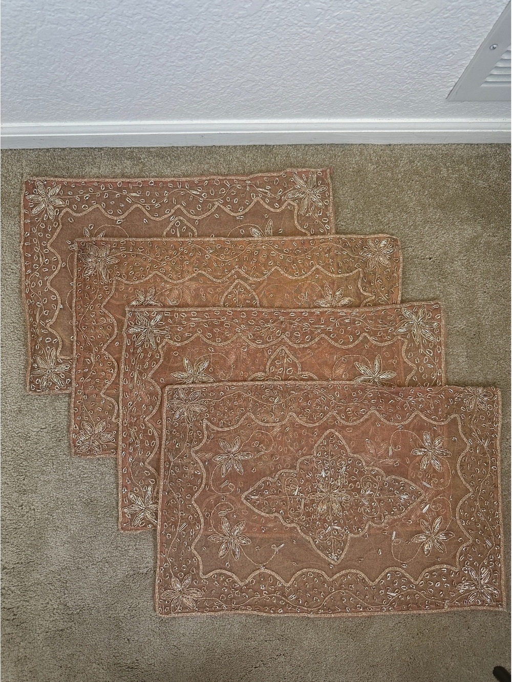Set Of 4 Rose Gold Sheer Gold Embroidered Placemats Floral Boho Indian Zardozi